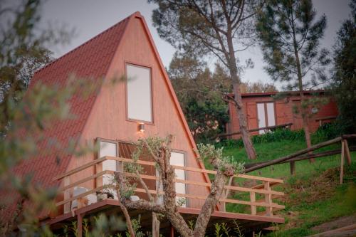 a house with a red roof and a staircase at Cabana Oliveira in Castelo de Paiva