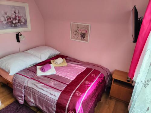 a small bedroom with a bed with pink walls at Apartamenty nad Młynówką in Chochołów