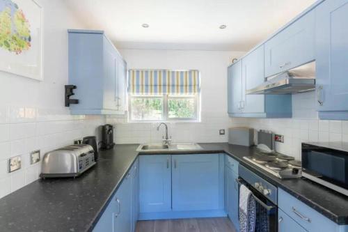 a kitchen with blue cabinets and a sink at 2 Bedrooms overlooking Little Petherick Creek in Little Petherick