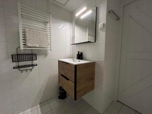 een witte badkamer met een wastafel en een douche bij It Gasthûs in Baaiduinen