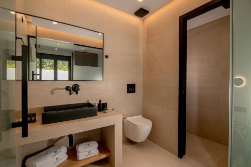 a bathroom with a toilet and a mirror at Anantia Villa 1 - Scenic View, Luxury Experience in Episkopi (Heraklion)