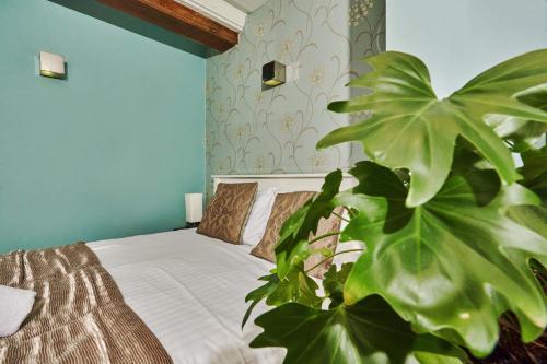 1 dormitorio con 1 cama y una gran planta verde en Lushpads en Mánchester