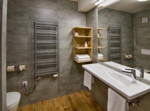 スルニーにあるHotel Srníのバスルーム(洗面台、トイレ、鏡付)