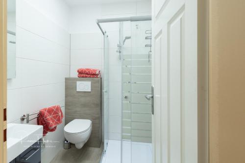 a white bathroom with a toilet and a shower at Ferienhaus Specht in Schotten