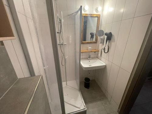 a bathroom with a shower and a sink at KobyApartment TinyHaus in Herford
