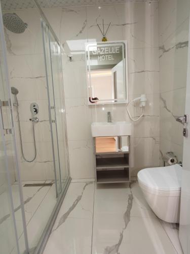 a bathroom with a shower and a sink and a toilet at gazelle suites in Istanbul