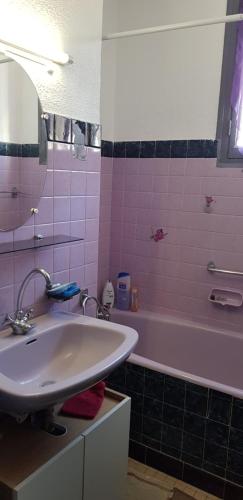ein rosafarbenes Badezimmer mit einem Waschbecken und einer Badewanne in der Unterkunft Grande maison proche plage et marché in Saint-Cyprien