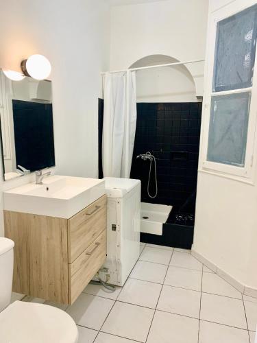 a bathroom with a sink and a toilet and a shower at Festival de Cannes apartment in Cannes