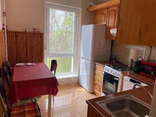 uma cozinha com uma mesa e um frigorífico branco em Kiss Vendégház 1. em Kaposvár