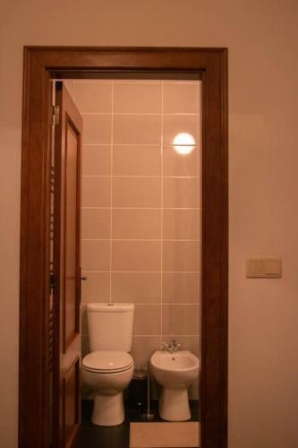 a bathroom with a toilet and a sink at Cosy Historical House in Lamego - Quinta do Cabo in Lamego