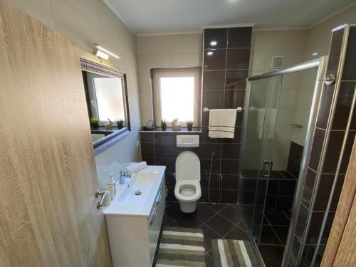 a bathroom with a toilet and a sink and a shower at Apartman Nani in Bihać