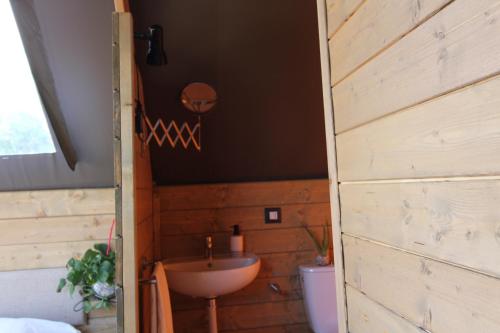 La salle de bains est pourvue d'un lavabo et de toilettes. dans l'établissement Glamping San Bart, à San Vincenzo