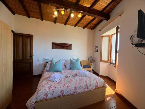 a bedroom with a large bed with blue pillows at Casa Giambi in Corniglia