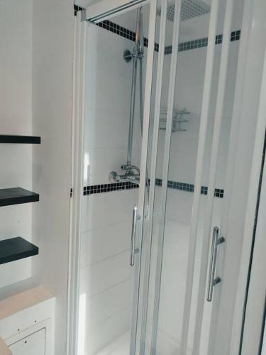 une douche avec une porte vitrée dans une salle de bain dans l'établissement Cozy apartment free parking CAEN, à Caen