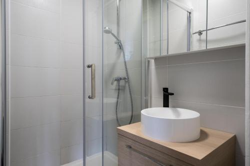 a bathroom with a sink and a shower at Charming apartment in Paris 5 with stunning view in Paris