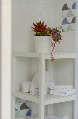 a white shelf with towels and a potted plant at Le Case di Chri in Mattinata