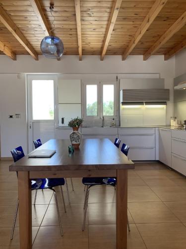 a large kitchen with a wooden table and chairs at The Saint George in Mastichari