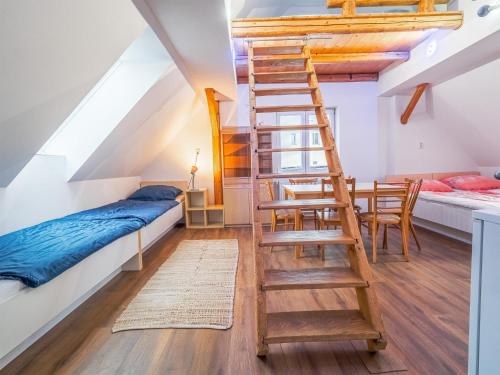 a room with a bunk bed and a ladder at Chalupa Pod Smědavou in Weissbach