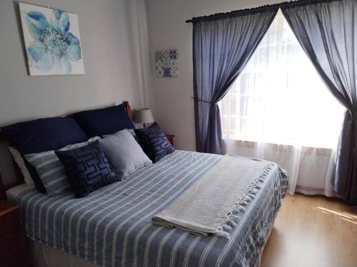 a bedroom with a bed with blue pillows and a window at Jan's Cottage in Centurion