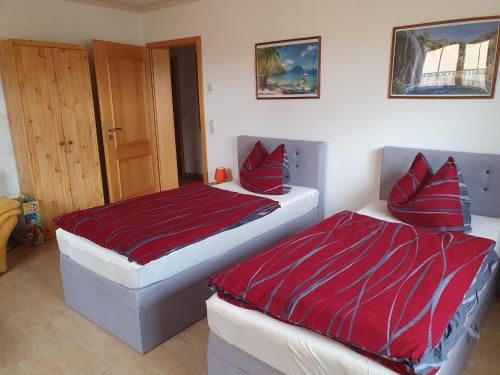 two beds in a bedroom with red pillows at Ferienwohnung Schortestraße in Ilmenau