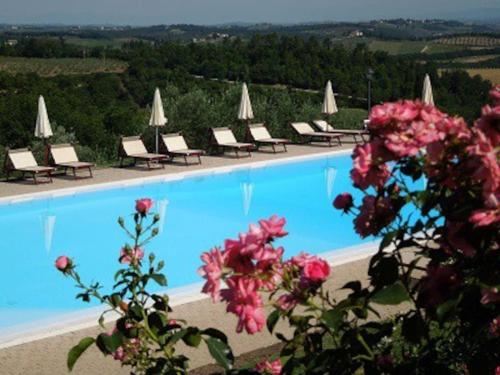 a swimming pool with lounge chairs and pink flowers at Castello di Fulignano Leonardo apartment ground floor in San Gimignano