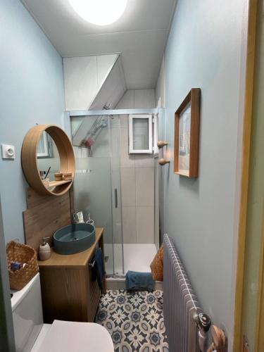 une petite salle de bain avec un lavabo et une douche dans l'établissement Appt lumineux - 2 chambres - Mer et commerces, à Berck-sur-Mer