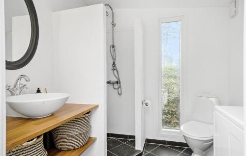 W łazience znajduje się umywalka, toaleta i lustro. w obiekcie Amazing Home In Faxe With Wifi w mieście Faxe