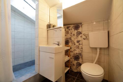 La petite salle de bains est pourvue de toilettes et d'un lavabo. dans l'établissement Yoga, Bed & Vegan Breakfast, à Rovinj