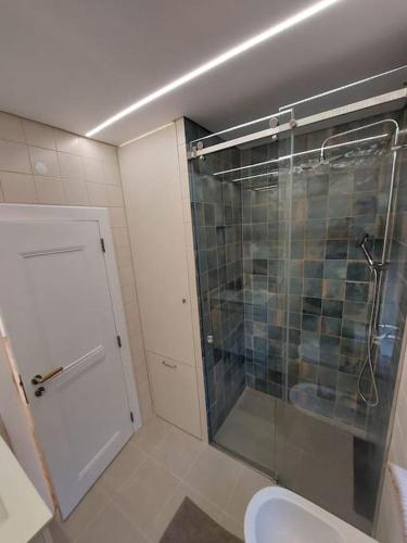 a bathroom with a shower with a glass door at Casa do Mestre João in São Martinho