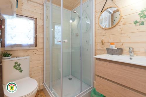 uma casa de banho com um chuveiro, um WC e um lavatório. em Gite les Ecureuils em Herbeys