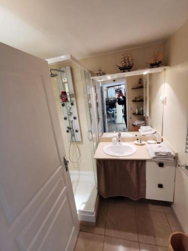 une salle de bain avec un lavabo et une douche dans l'établissement Agréable chambre d'hôte à 50M de la mer, à Cannes