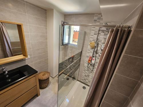 ein Bad mit einer Dusche und einer Glastür in der Unterkunft Superbe rez-de-jardin à Fuveau in Fuveau