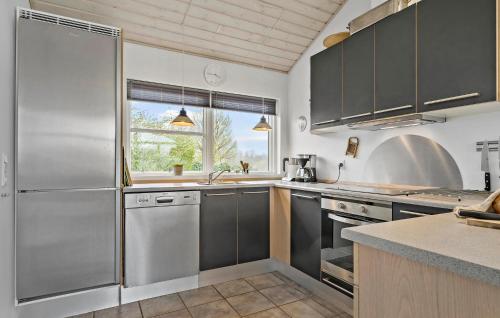 a kitchen with stainless steel appliances and a window at Nice Home In Haderslev With Lake View in Haderslev