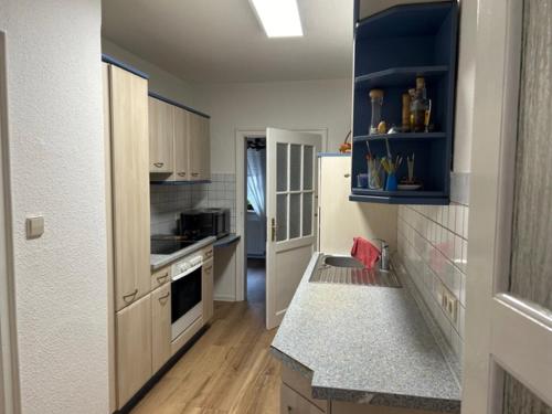 a kitchen with white counters and blue cabinets at Ferienhaus Waldeck in Marienberg