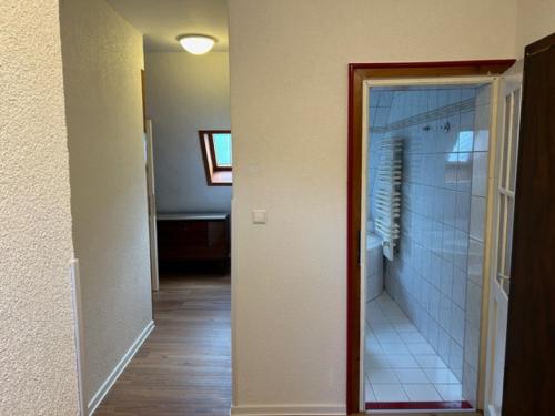 a bathroom with a walk in shower and a mirror at Ferienhaus Waldeck in Marienberg
