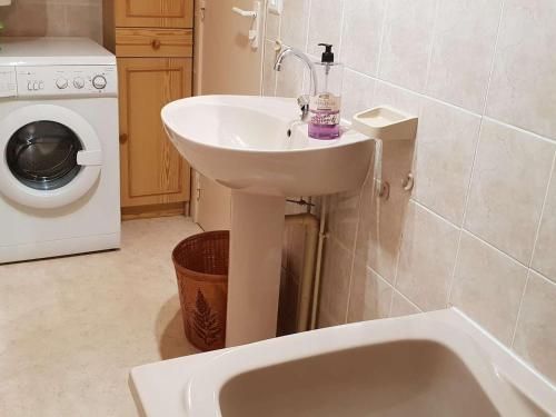 une salle de bain avec un lavabo et une machine à laver dans l'établissement Appartement cosy T2bis pour 4-6 pers. à Cauterets, proche centre, parking gratuit, casier à skis, Est - FR-1-234-243, à Cauterets