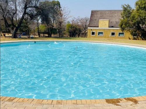 una gran piscina de agua azul con una casa en el fondo en Bushveld Venue, en Mabula