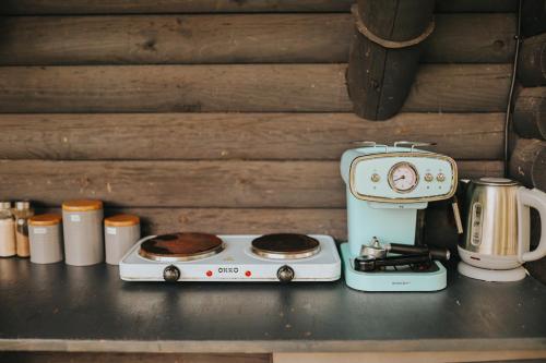 a stove and a toaster sitting on a counter at Araisi Windmill unique blend of history and nature in Cēsis