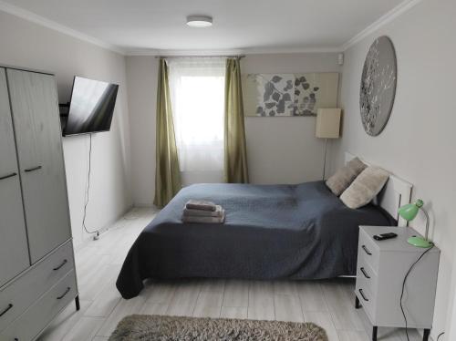 1 dormitorio con 1 cama con manta azul y ventana en Garden Home en Törökbálint