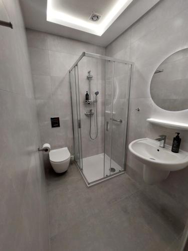 a bathroom with a shower and a toilet and a sink at Motel Comet in Przeźmierowo