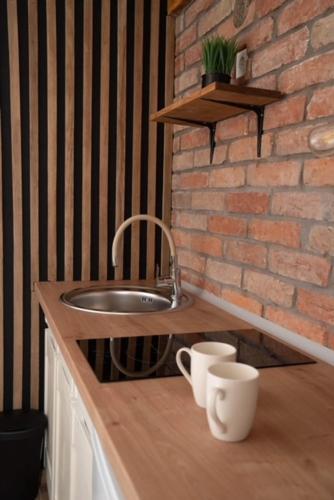 a kitchen sink with two cups on a wooden counter at Apartman River in Belišće