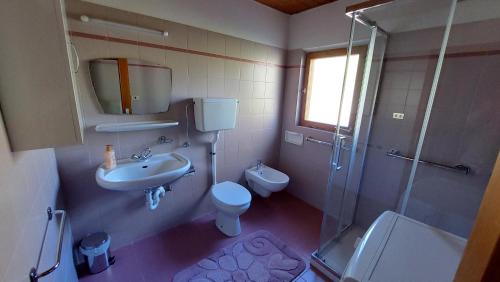 ein Bad mit einem Waschbecken, einem WC und einer Dusche in der Unterkunft THOMASERHOF APARTMENT AGRITURISMO in Radein