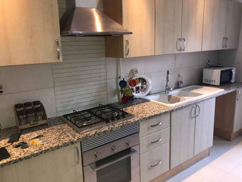 cocina con fogones horno de arriba junto a un fregadero en LUX & VIP apartment at Berges du Lac 2 Tunis en La Goulette
