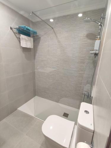 a bathroom with a white toilet and a shower at LAS PALMERAS in Almuñécar