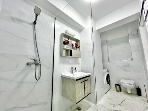 a bathroom with a shower and a sink and a toilet at LUXURY Residence 2 bed-room Apartment in Mamaia