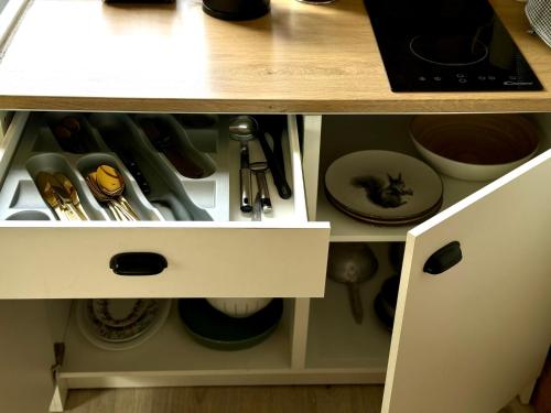 a kitchen cabinet with dishes and utensils in it at PLŪSME Restart House in Lielstraupe