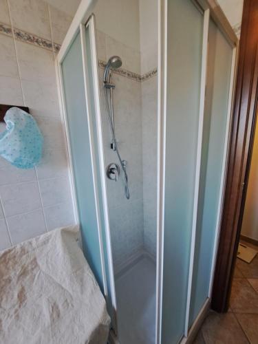 a shower with a glass door in a bathroom at b&b ventolina in Rivara