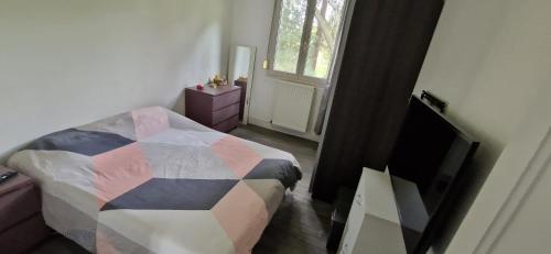 une chambre avec un lit, une fenêtre et une télévision dans l'établissement T2 idéal JO, à Villejuif