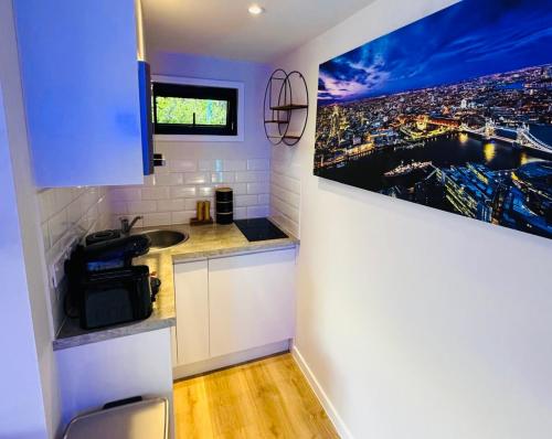 a kitchen with a sink and a picture on the wall at Peaceful retreat with hot tub and sauna in Edgware