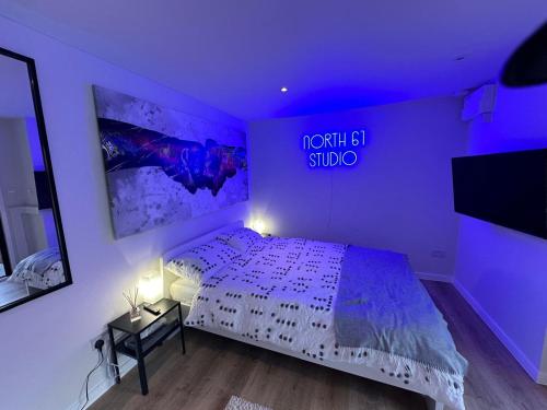 a bedroom with a bed with a purple ceiling at Peaceful retreat with hot tub and sauna in Edgware